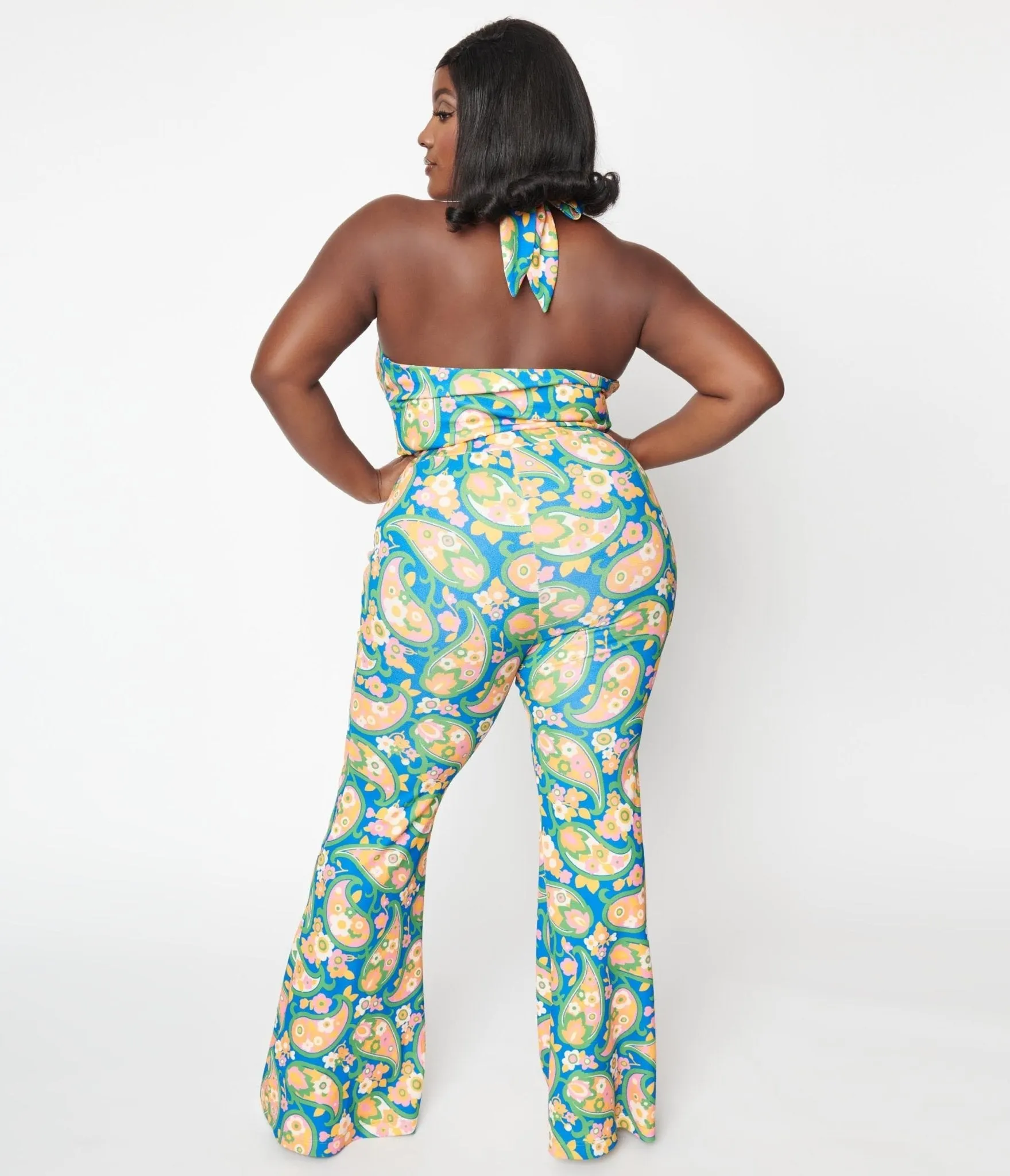 Smak Parlour Plus Size 2970s Blue Paisley Floral Mod Flare Pants