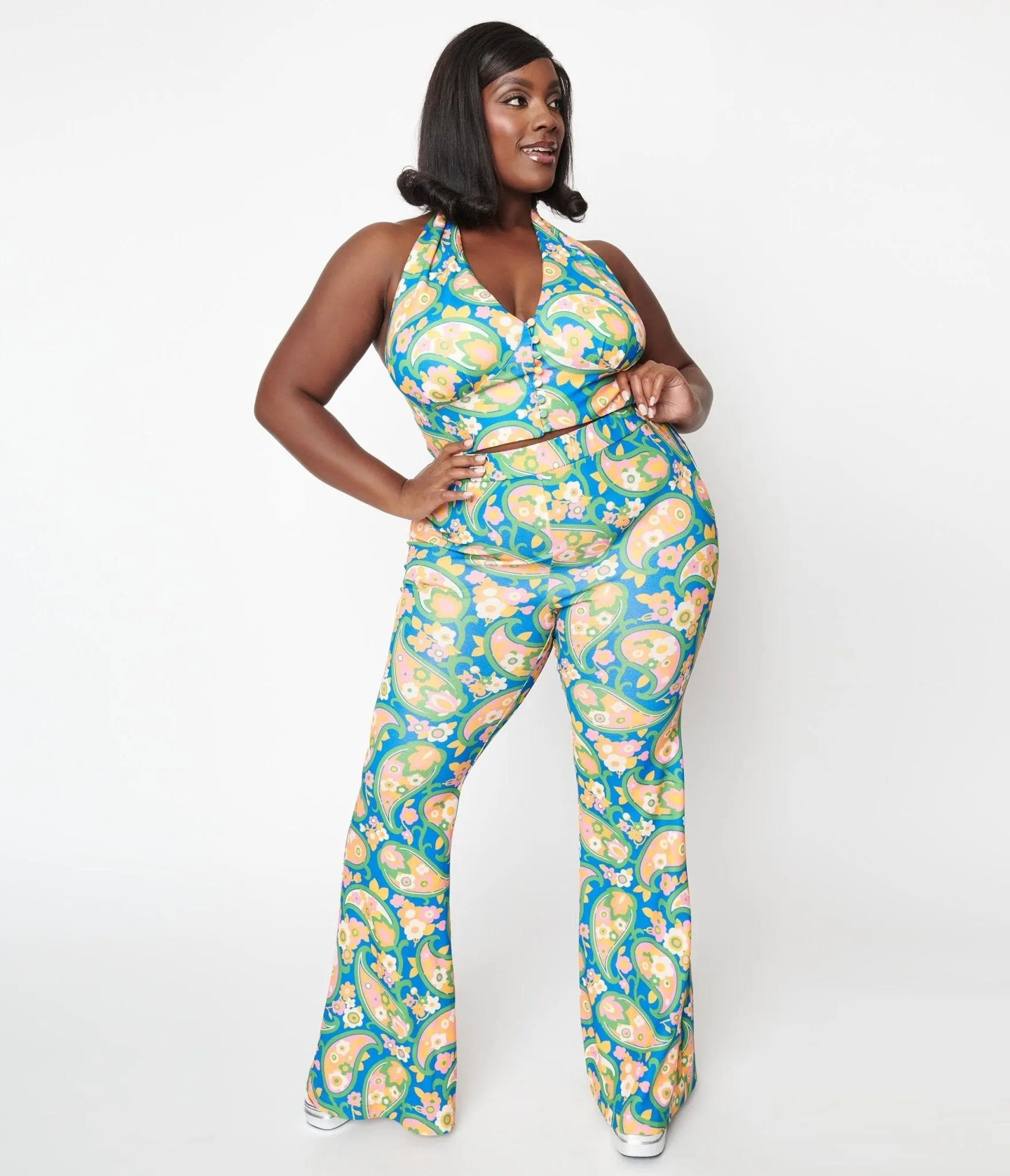 Smak Parlour Plus Size 2970s Blue Paisley Floral Mod Flare Pants