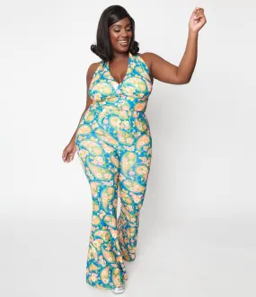Smak Parlour Plus Size 2970s Blue Paisley Floral Mod Flare Pants