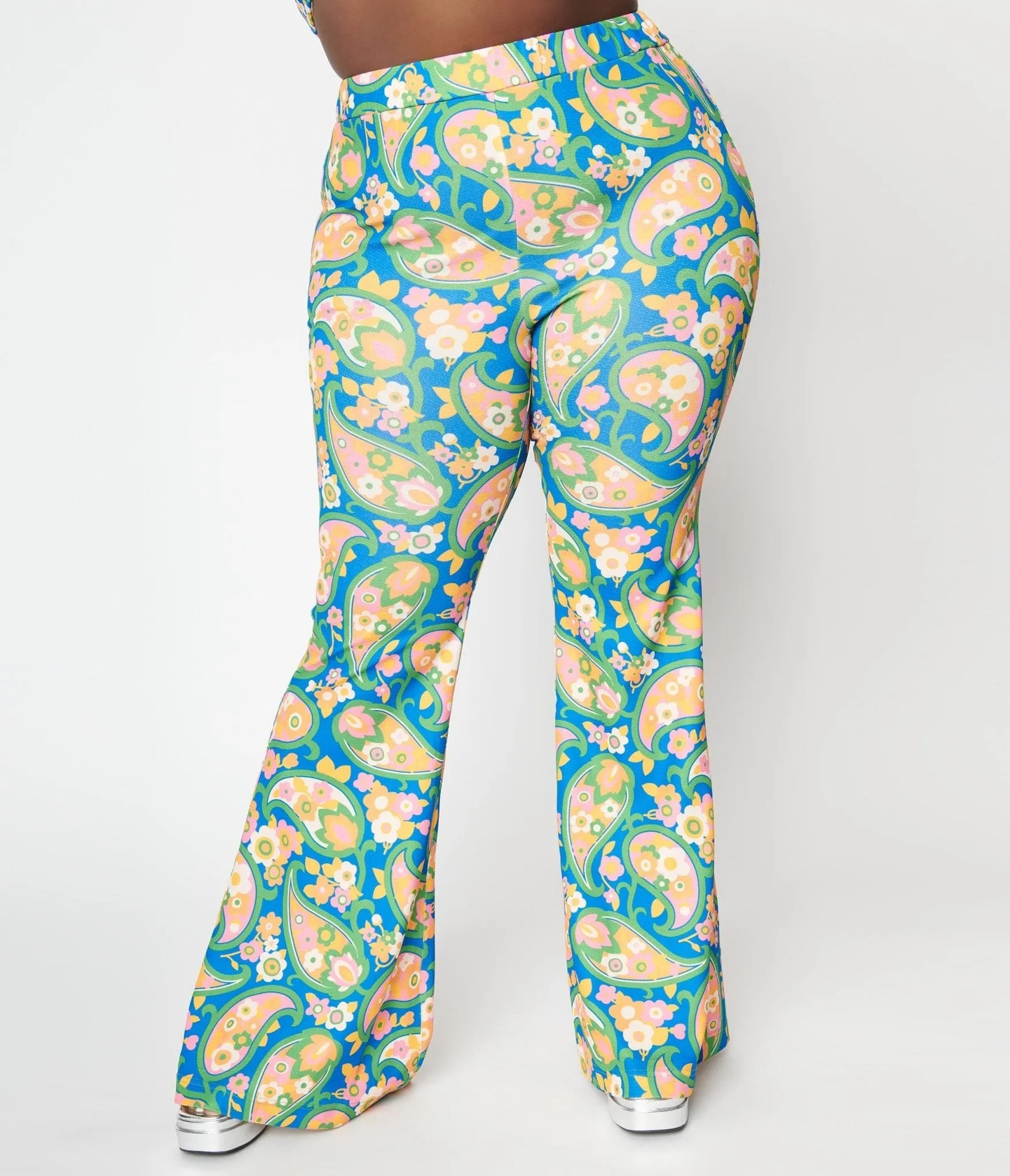 Smak Parlour Plus Size 2970s Blue Paisley Floral Mod Flare Pants