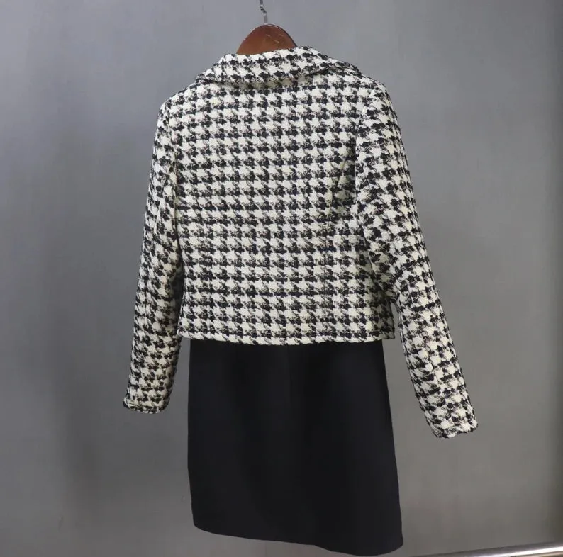 Tailor Made Women Suit Houndstooth Short Tweed Blazer Coat  Dress