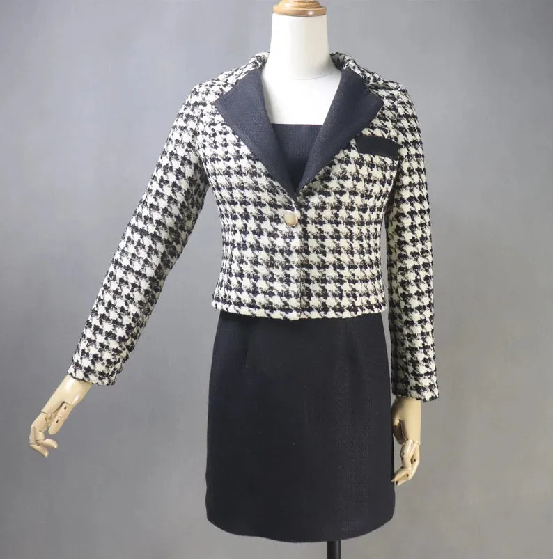 Tailor Made Women Suit Houndstooth Short Tweed Blazer Coat  Dress