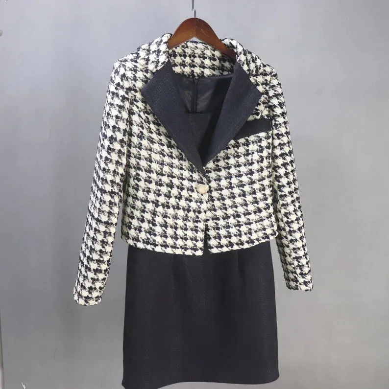 Tailor Made Women Suit Houndstooth Short Tweed Blazer Coat  Dress