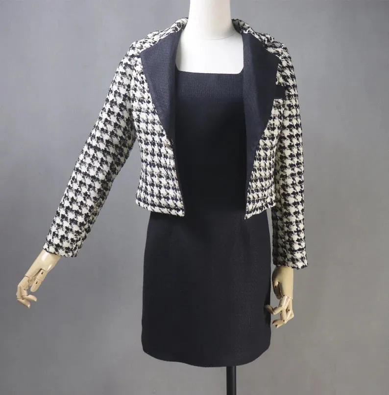 Tailor Made Women Suit Houndstooth Short Tweed Blazer Coat  Dress