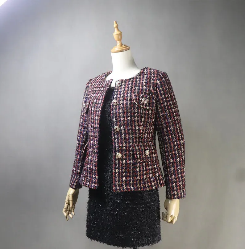 Tailored Women's Dark Red Checked Jacket Coat with Skirt