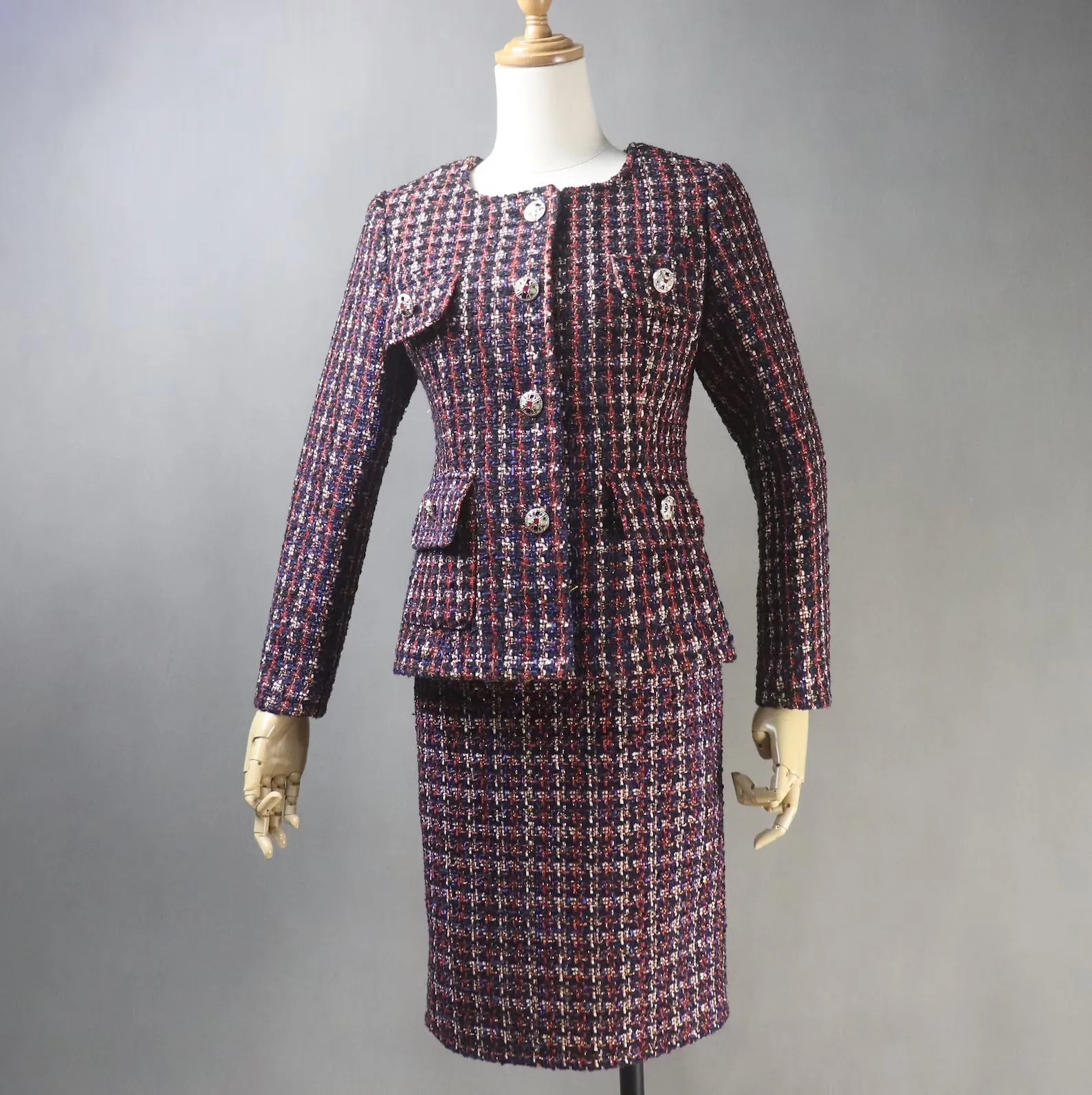 Tailored Women's Dark Red Checked Jacket Coat with Skirt