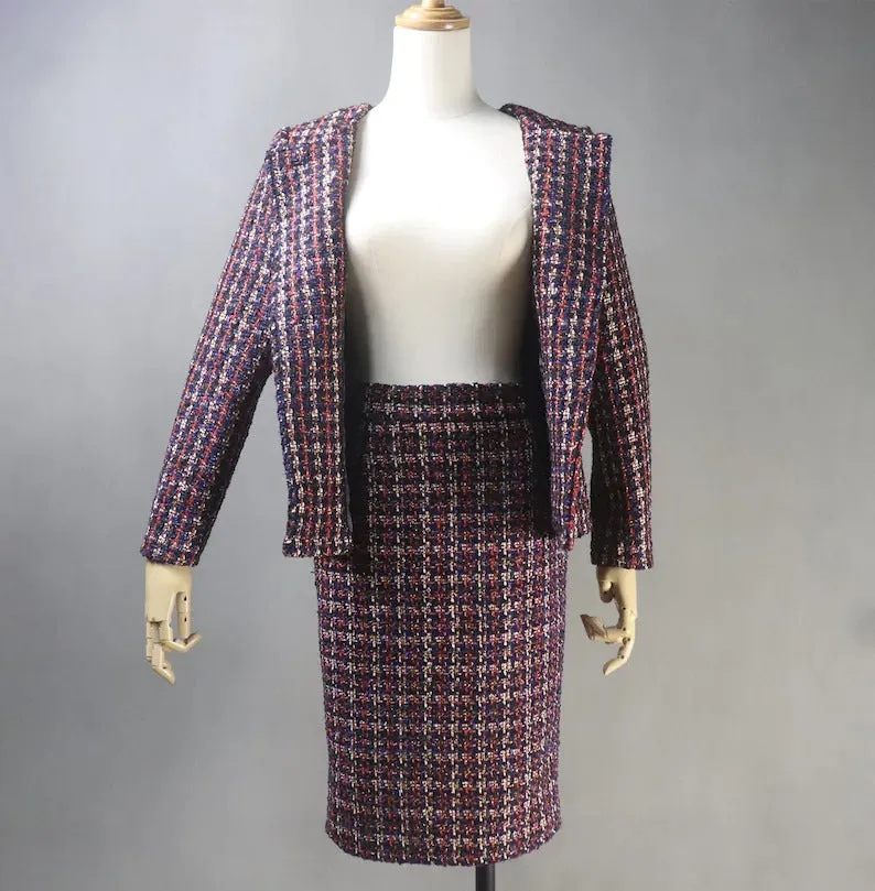 Tailored Women's Dark Red Checked Jacket Coat with Skirt