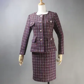 Tailored Women's Dark Red Checked Jacket Coat with Skirt