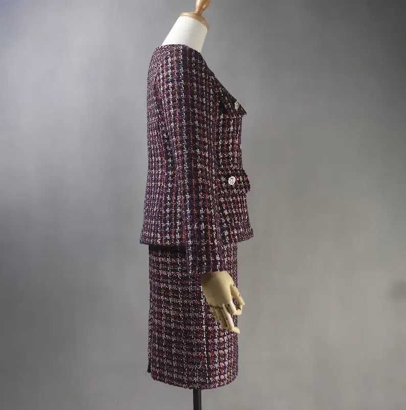 Tailored Women's Dark Red Checked Jacket Coat with Skirt