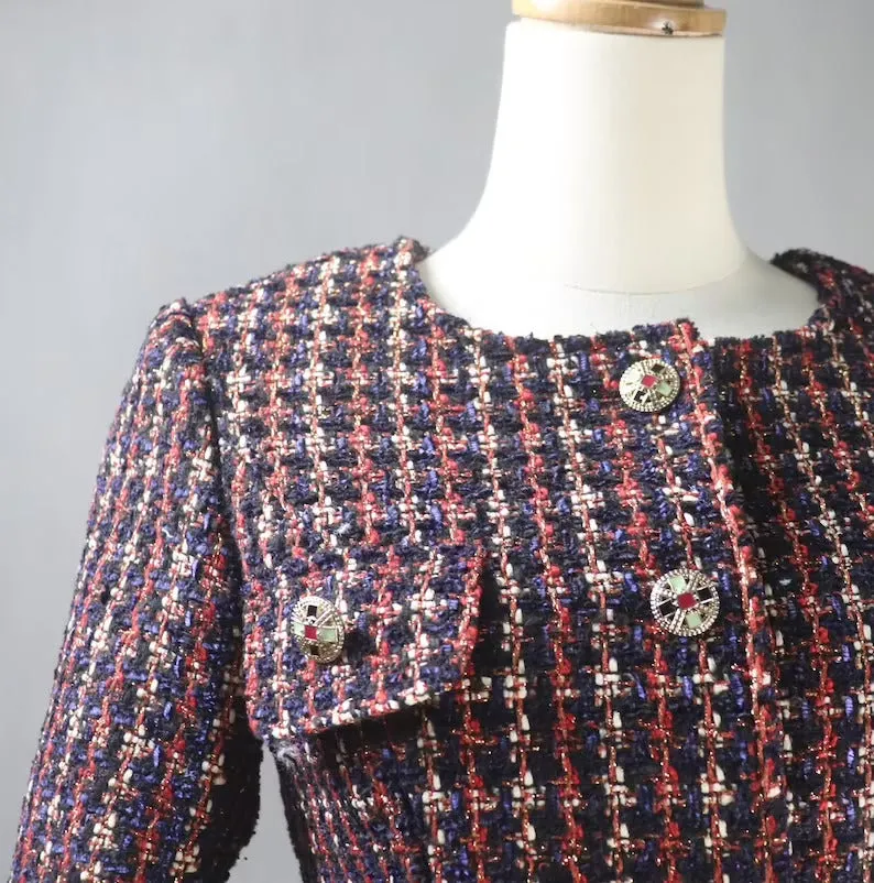 Tailored Women's Dark Red Checked Jacket Coat with Skirt