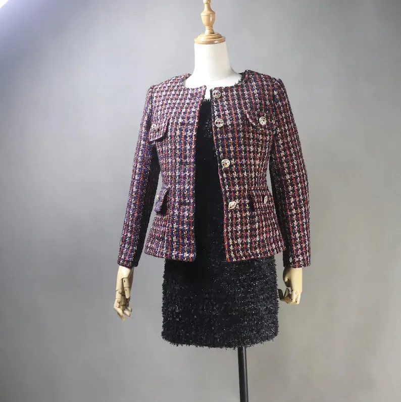 Tailored Women's Dark Red Checked Jacket Coat with Skirt