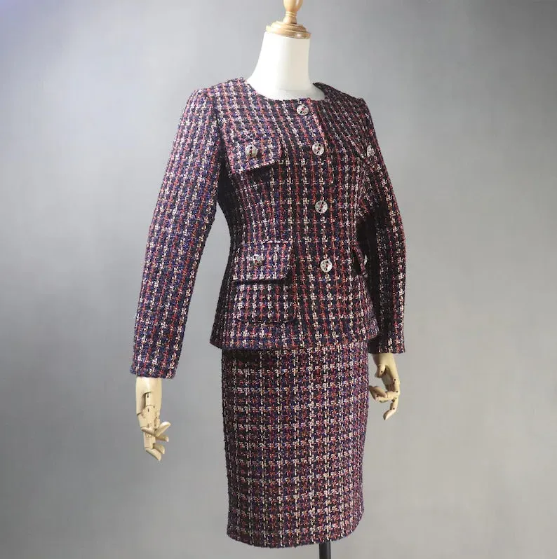 Tailored Women's Dark Red Checked Jacket Coat with Skirt