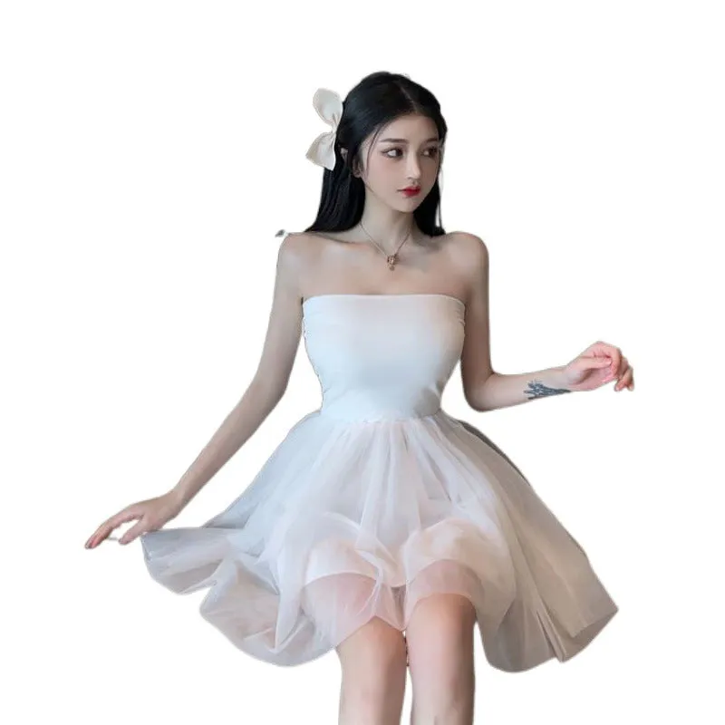 Wenkouban birthday outfit Tube Top Skirt Sexy Backless Mesh Fluffy Skirt New Korean Style Small Dress Jumpsuit