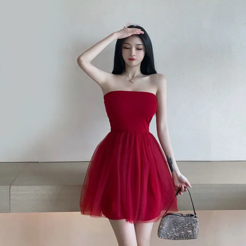 Wenkouban birthday outfit Tube Top Skirt Sexy Backless Mesh Fluffy Skirt New Korean Style Small Dress Jumpsuit
