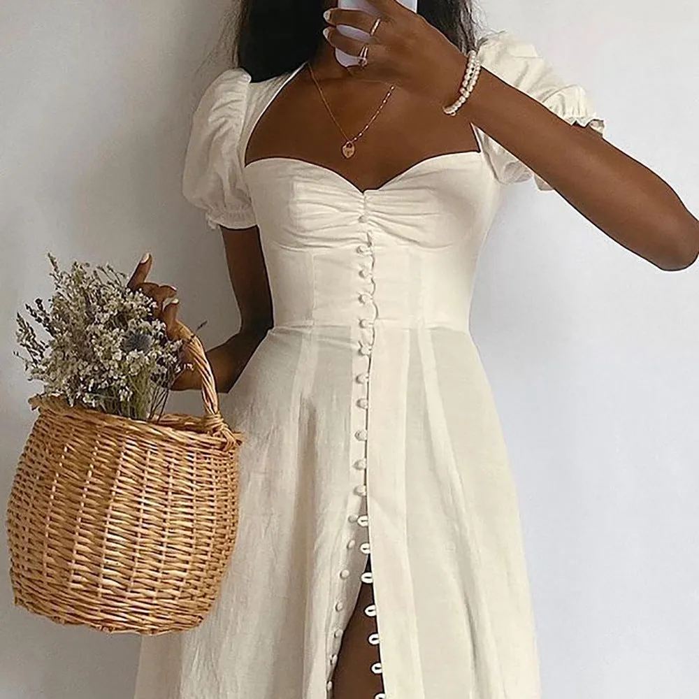 Wenkouban curvy casual outfits Women's Ins Style Solid Color Elegant Princess Sleeve High Slit French Jumpsuit Dress