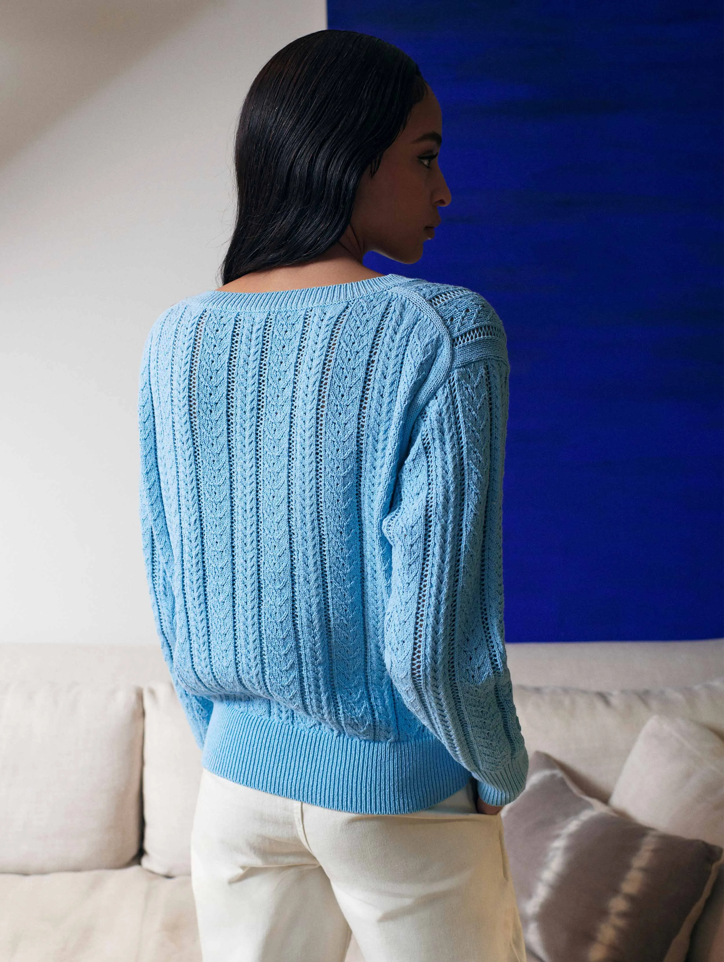 White   Warren - Recycled Cotton Open Cable V-Neck Sweater in Sky Blue