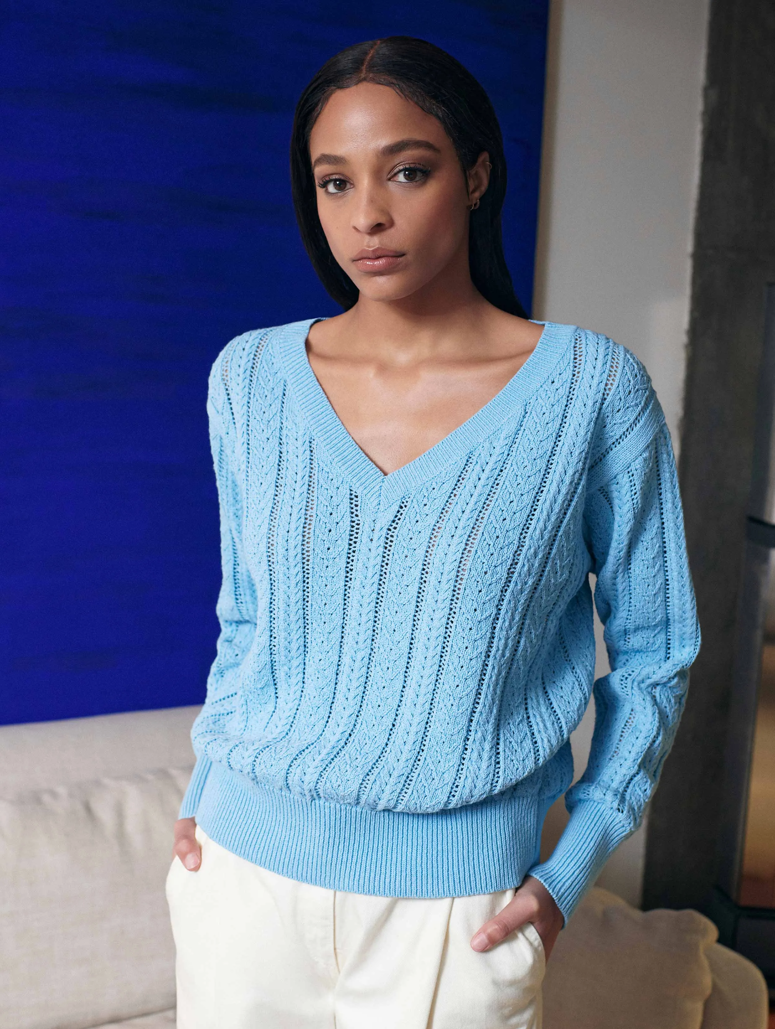 White   Warren - Recycled Cotton Open Cable V-Neck Sweater in Sky Blue
