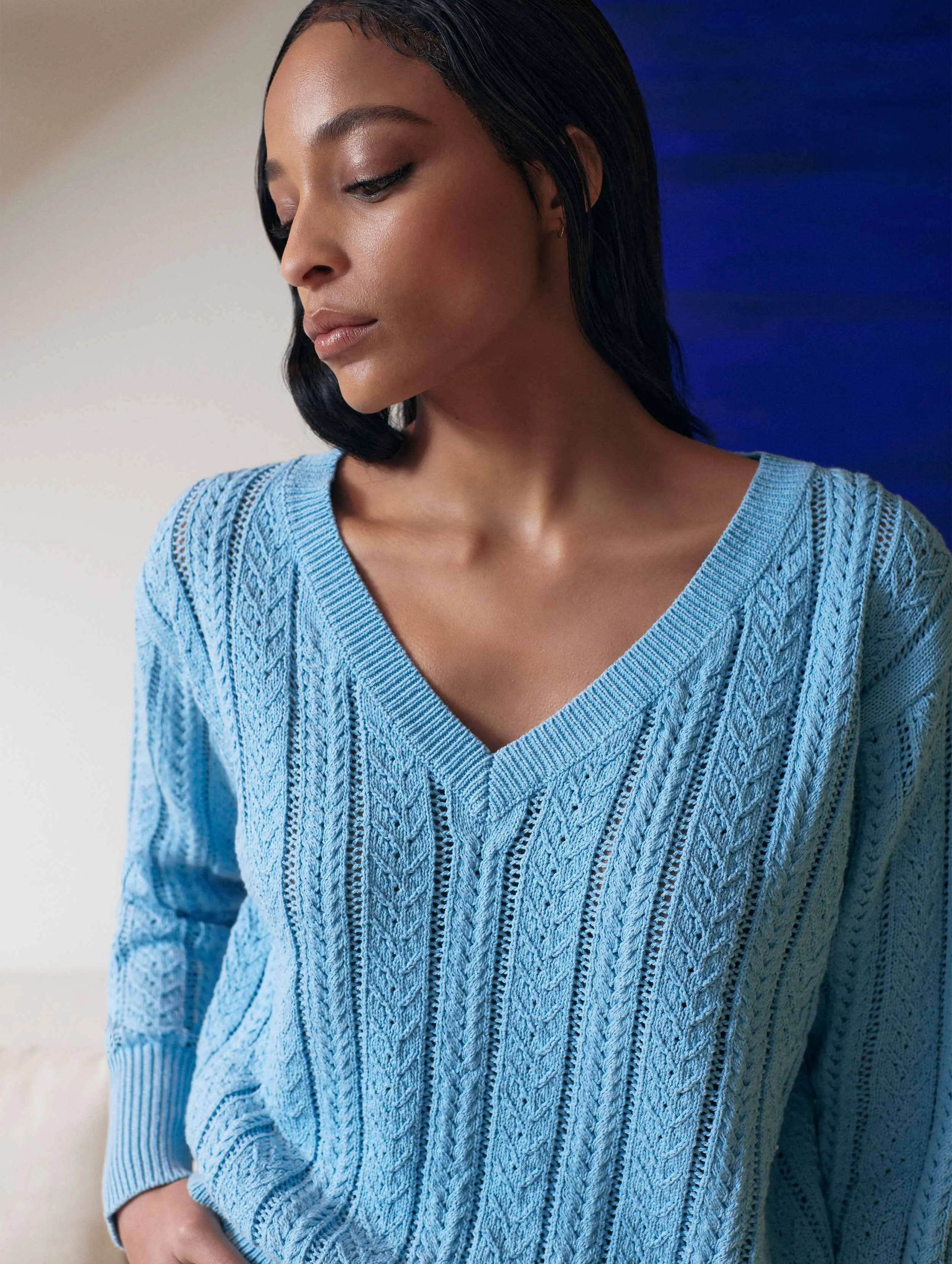 White   Warren - Recycled Cotton Open Cable V-Neck Sweater in Sky Blue