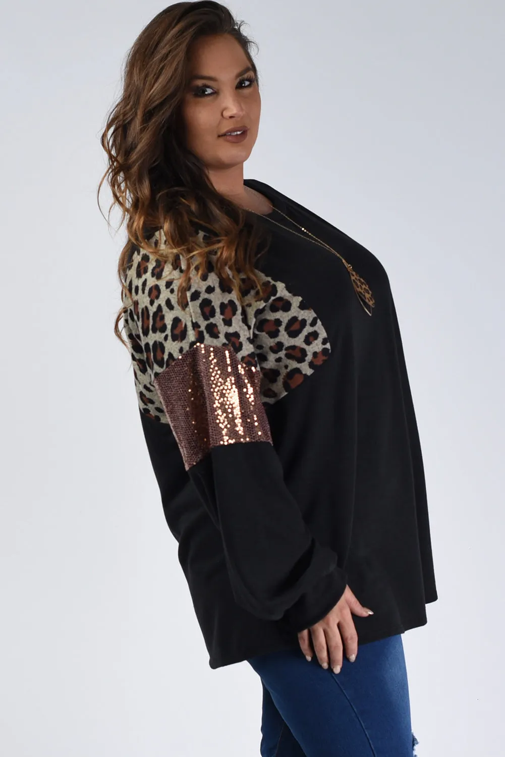 Wholesale Black Plus Size Leopard Sequin Patchwork Long Sleeve Top