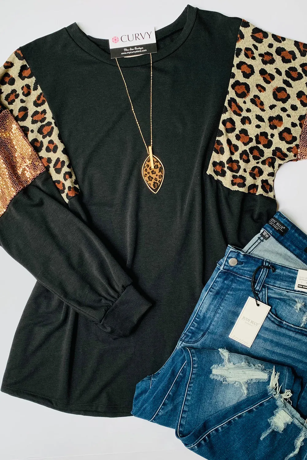 Wholesale Black Plus Size Leopard Sequin Patchwork Long Sleeve Top
