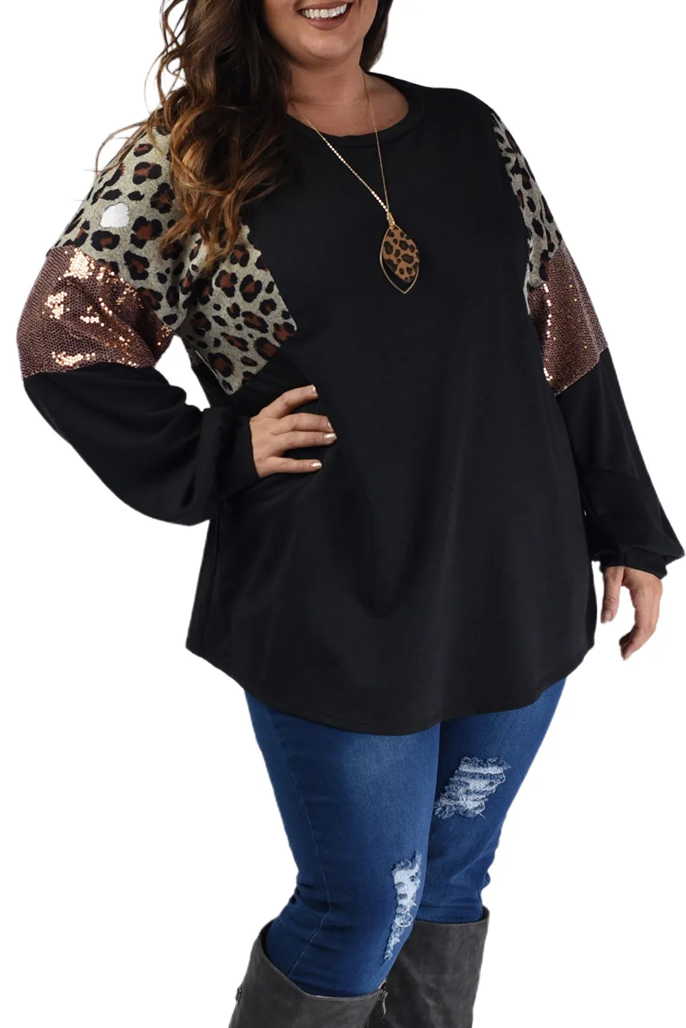 Wholesale Black Plus Size Leopard Sequin Patchwork Long Sleeve Top