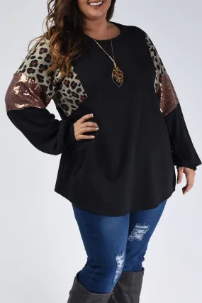 Wholesale Black Plus Size Leopard Sequin Patchwork Long Sleeve Top
