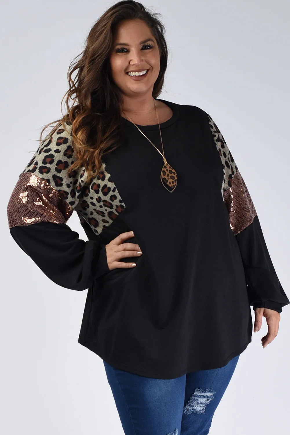 Wholesale Black Plus Size Leopard Sequin Patchwork Long Sleeve Top