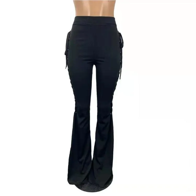 Wholesale women's solid color lace-up flared pants（CL8575）