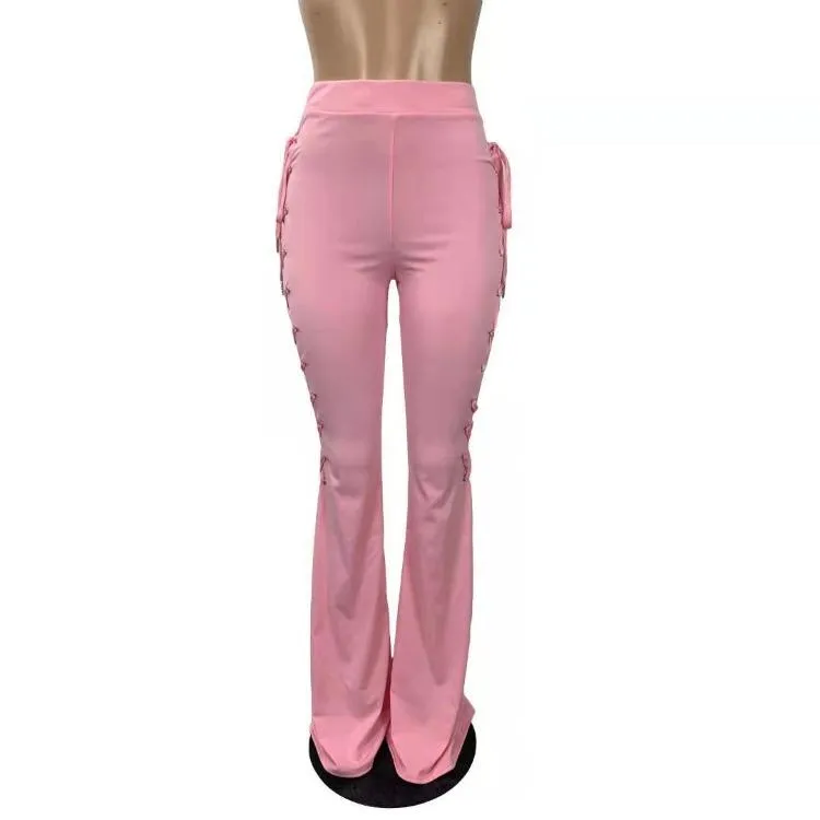 Wholesale women's solid color lace-up flared pants（CL8575）