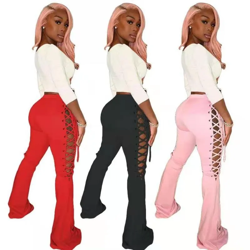 Wholesale women's solid color lace-up flared pants（CL8575）