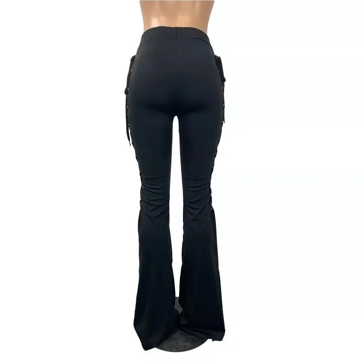 Wholesale women's solid color lace-up flared pants（CL8575）