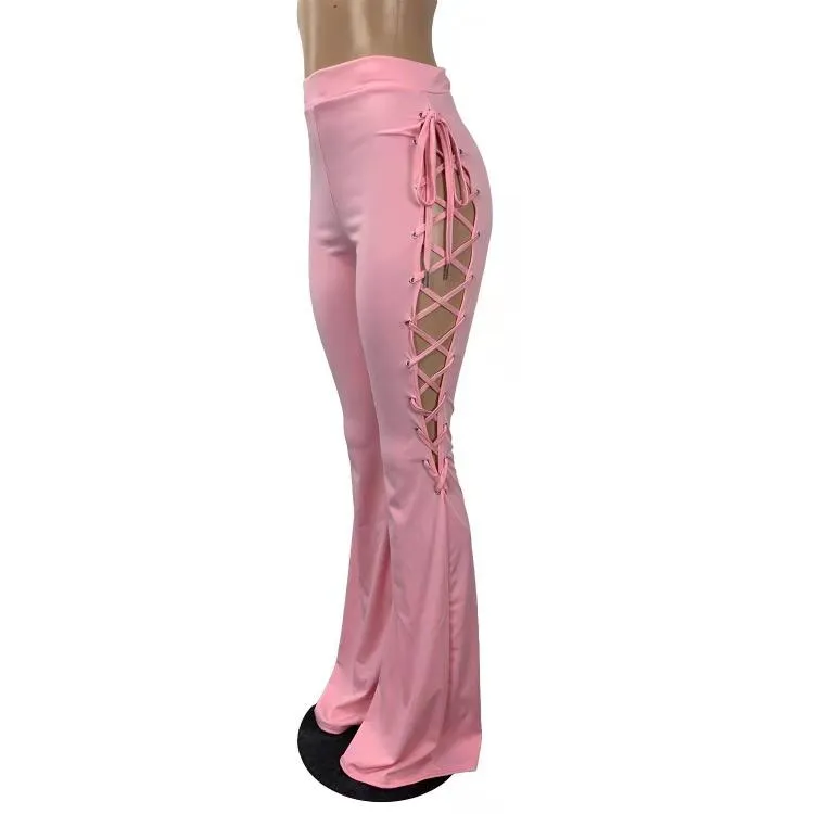 Wholesale women's solid color lace-up flared pants（CL8575）