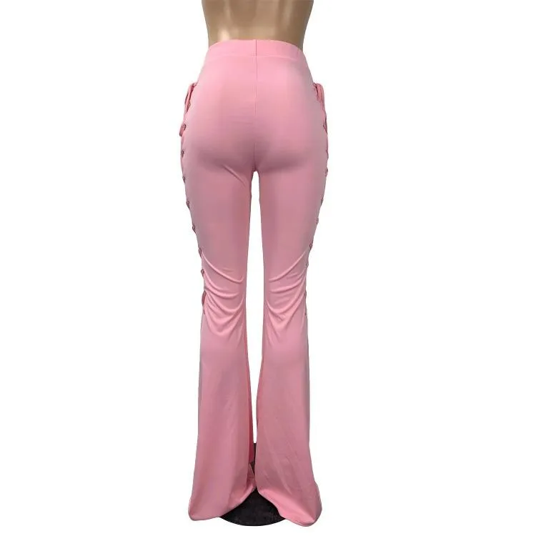 Wholesale women's solid color lace-up flared pants（CL8575）