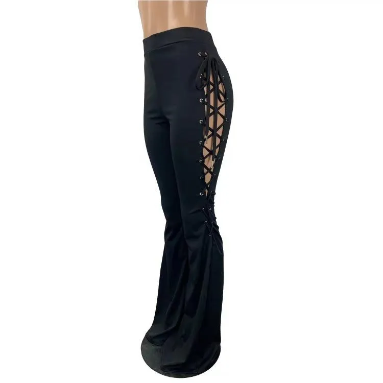 Wholesale women's solid color lace-up flared pants（CL8575）