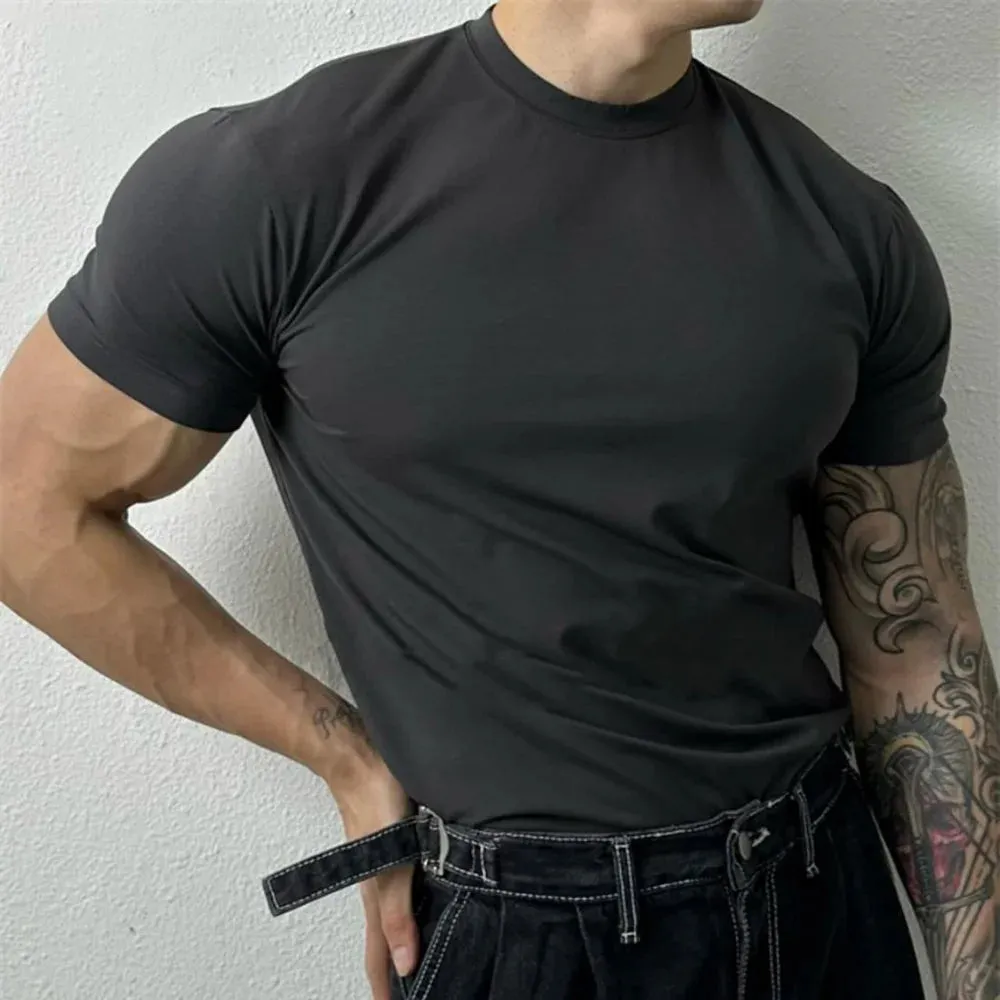 Wiaofellas Large Size Solid All-match O Neck Casual T-shirt Summer New Elastic Slim Short Sleeve T-shirt Tops Men's Fitness Sports Tights