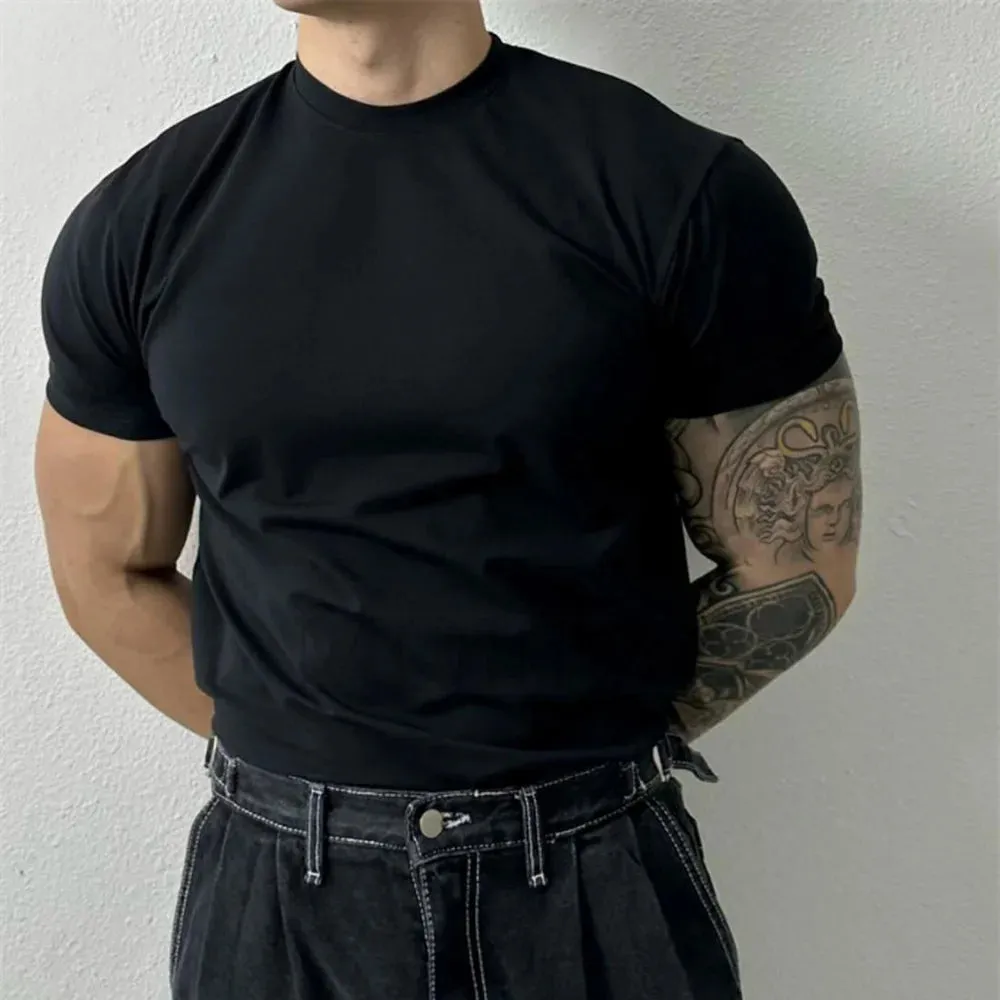 Wiaofellas Large Size Solid All-match O Neck Casual T-shirt Summer New Elastic Slim Short Sleeve T-shirt Tops Men's Fitness Sports Tights