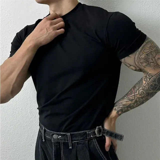 Wiaofellas Large Size Solid All-match O Neck Casual T-shirt Summer New Elastic Slim Short Sleeve T-shirt Tops Men's Fitness Sports Tights
