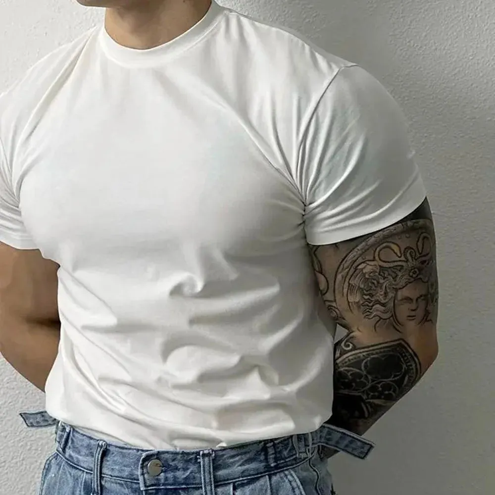 Wiaofellas Large Size Solid All-match O Neck Casual T-shirt Summer New Elastic Slim Short Sleeve T-shirt Tops Men's Fitness Sports Tights