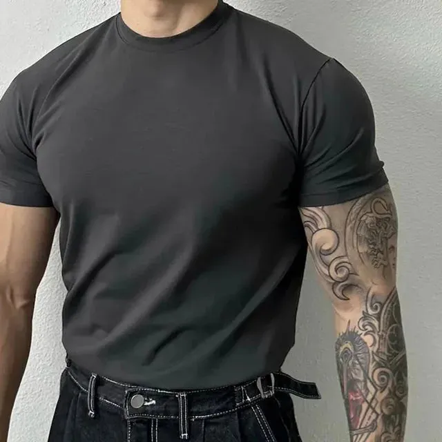 Wiaofellas Large Size Solid All-match O Neck Casual T-shirt Summer New Elastic Slim Short Sleeve T-shirt Tops Men's Fitness Sports Tights