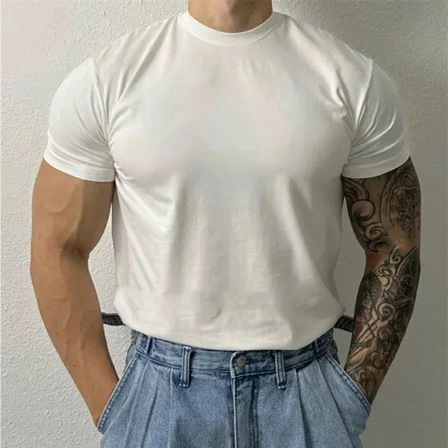 Wiaofellas Large Size Solid All-match O Neck Casual T-shirt Summer New Elastic Slim Short Sleeve T-shirt Tops Men's Fitness Sports Tights
