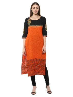 Women Orange Floral  Ajrakh Hand Block Cotton Printed Straight Kurta - Bhor