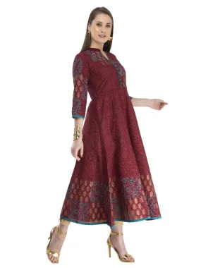 Women Overall Maroon Ajrakh Hand Block Cotton Printed Anarkali