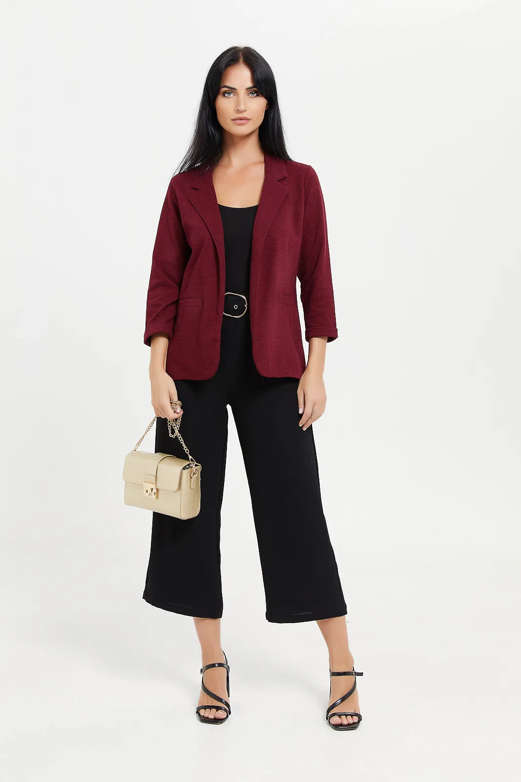 Women Red Textured Long Sleeve Blazer