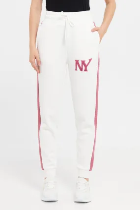 Women White Embroidery Joggers