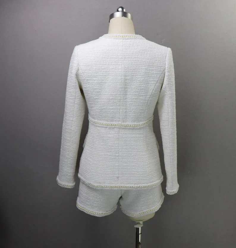 Women's Designer Inspired CUSTOM MADE Pearl White Jacket Coat Blazer Shorts/Skirts