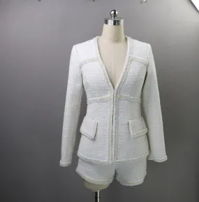 Women's Designer Inspired CUSTOM MADE Pearl White Jacket Coat Blazer Shorts/Skirts