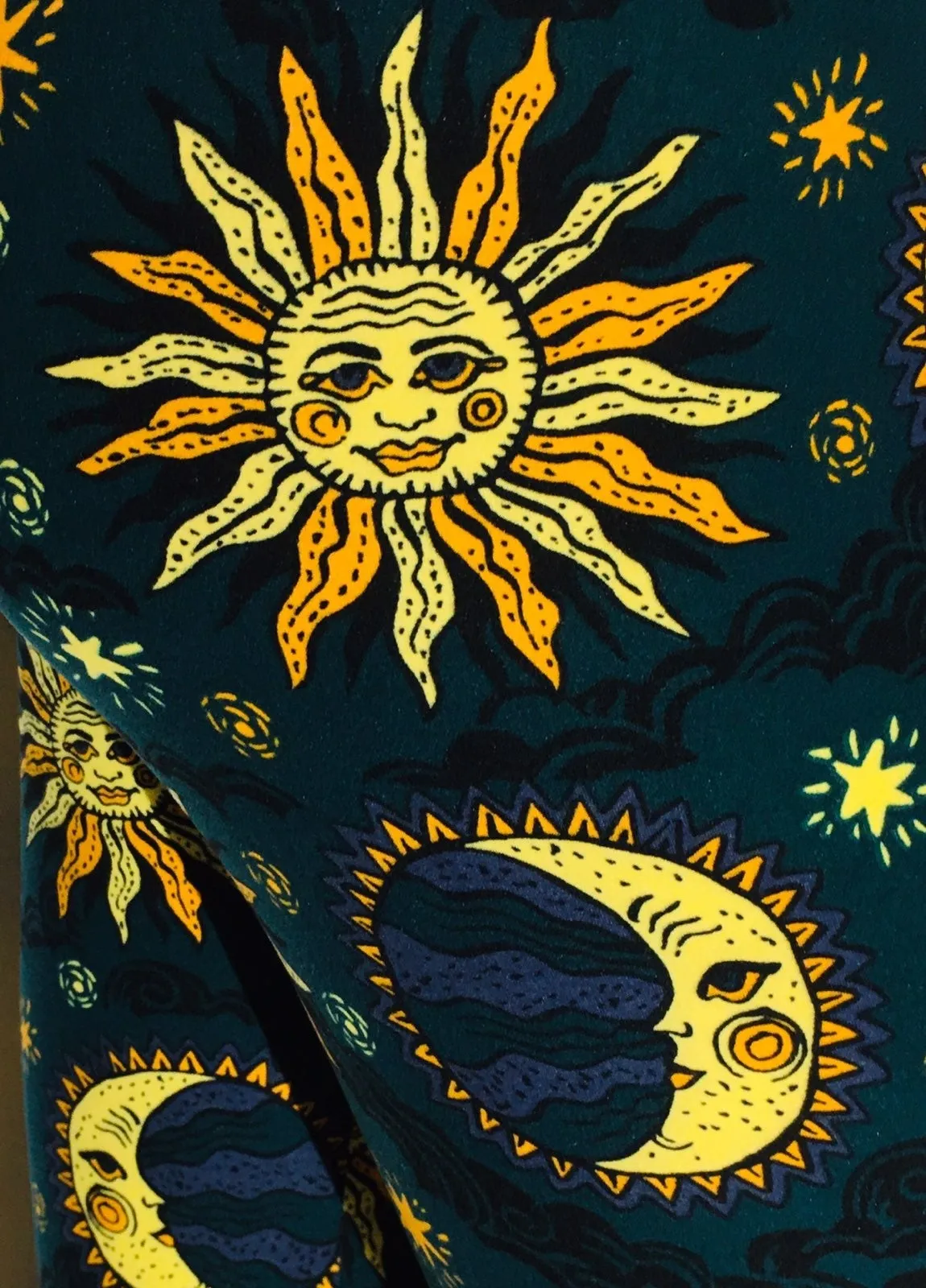 Womens Sun Moon Star Leggings, Soft Yoga Pants, Sizes 0-20, Yoga Waist, Blue/Yellow