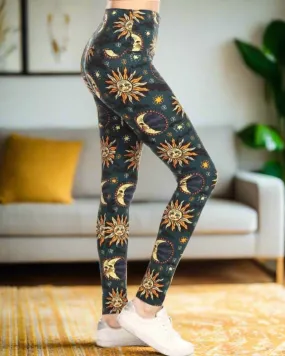 Womens Sun Moon Star Leggings, Soft Yoga Pants, Sizes 0-20, Yoga Waist, Blue/Yellow