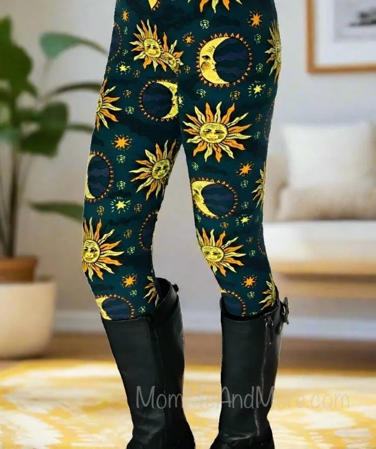 Womens Sun Moon Star Leggings, Soft Yoga Pants, Sizes 0-20, Yoga Waist, Blue/Yellow