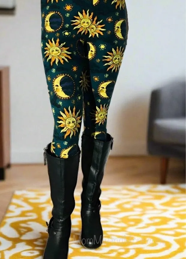 Womens Sun Moon Star Leggings, Soft Yoga Pants, Sizes 0-20, Yoga Waist, Blue/Yellow